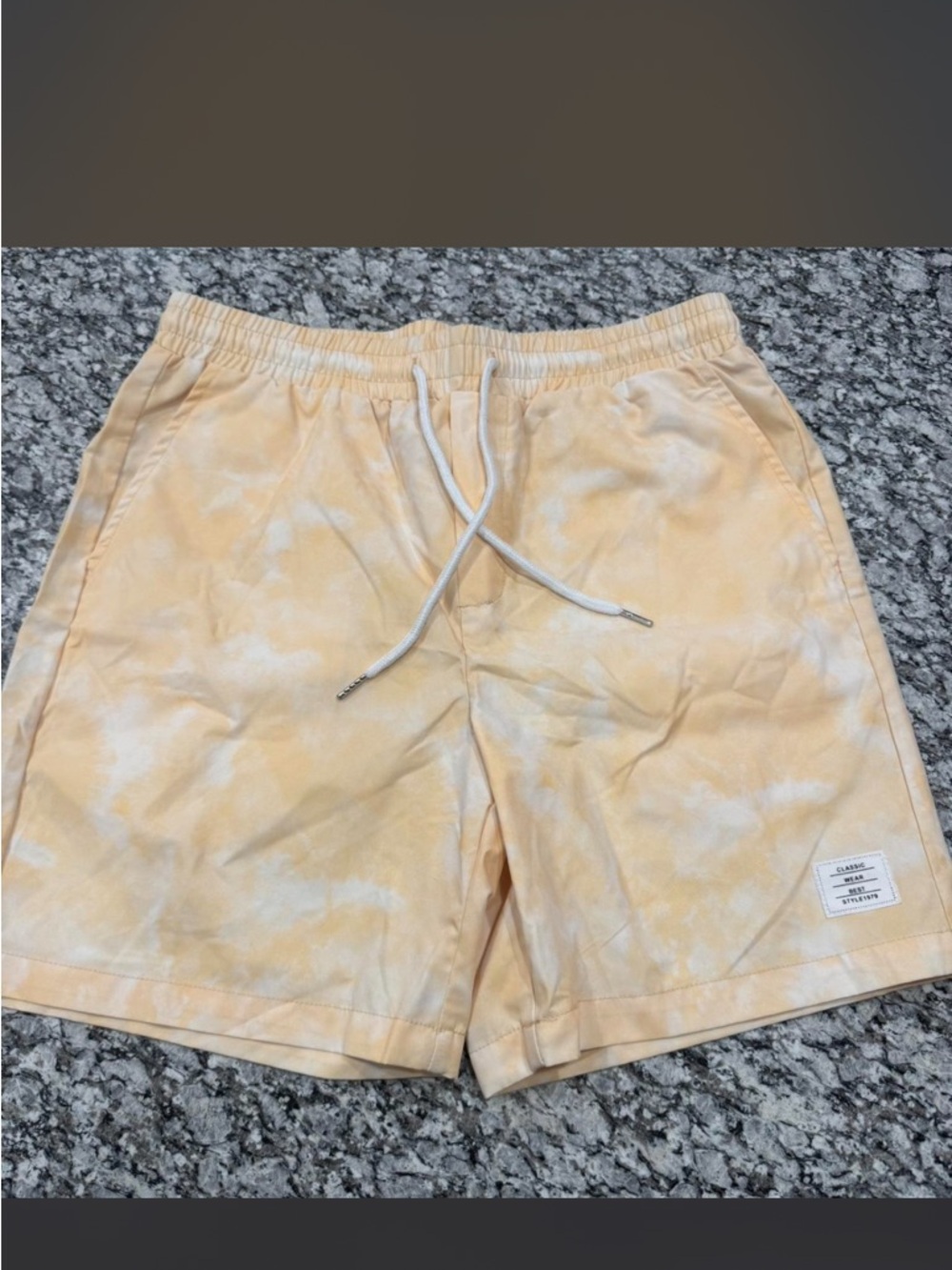 Classic Peach Tie-Dye Swim Trunks with White Drawstring